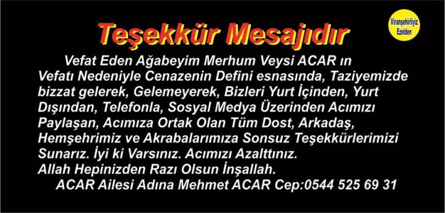 Mehmet ACAR'dan Teşekkür Mesajıdır