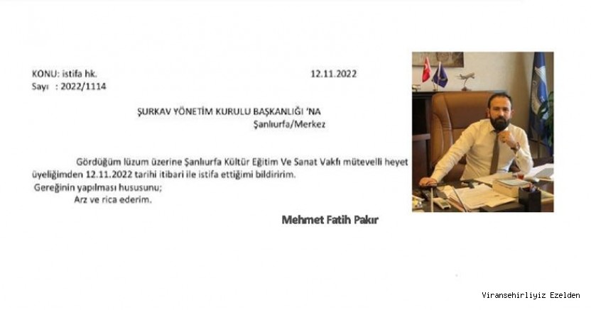 ŞURKAV 'a ve Urfa' ya bir çok desteği olan Ticaret ve Ekonomi Kulübü Genel Başkan Vekili Mehmet Fatih PAKIR istifa etti.